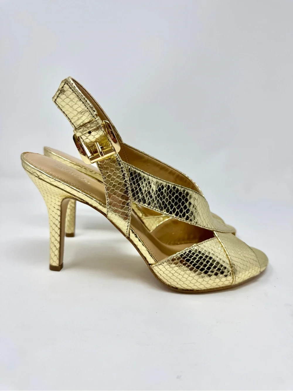 Michael Kors Gold Metallic Snake Embossed Slingback Heels Sandal Size 10 - Picture 7 of 10